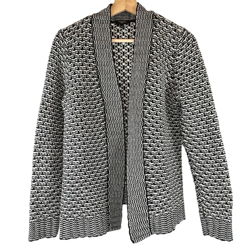 Talbots Open Front Chunky Cardigan Women's M Petite Black White Cotton Wool Blnd